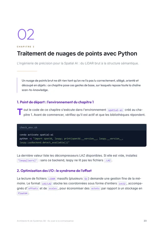 Page intérieure du guide : un chapitre technique avec son code Python commenté