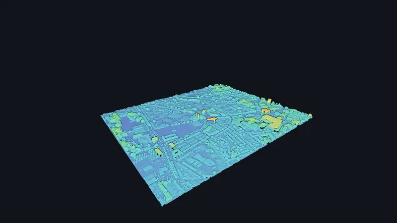 Acquisition LiDAR aérienne, en orbite, colorée par la hauteur