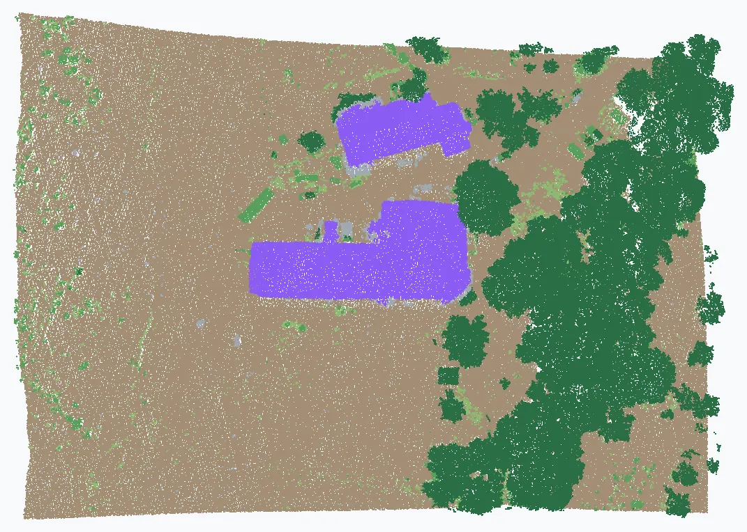 Vue du dessus d'une fenêtre de dalle LiDAR HD : le sol, la végétation et les toitures se distinguent par leur classe