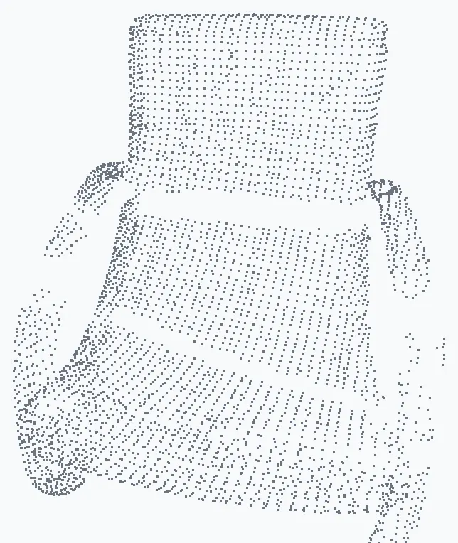 Un objet unique extrait d'un scan, réduit à ses points : la forme se lit, sans maillage ni texture