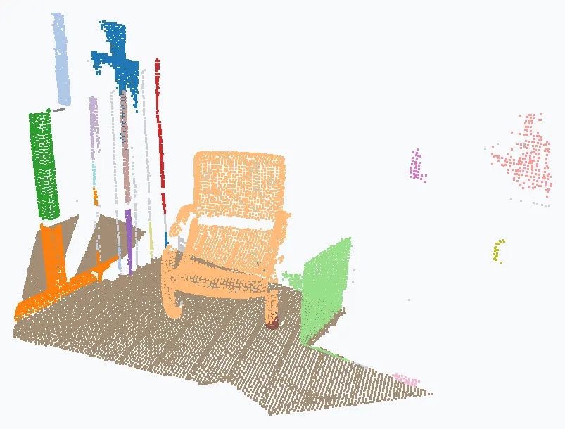 Scan d'intérieur segmenté : le sol détecté par RANSAC apparaît en beige, et chaque objet isolé par DBSCAN porte une couleur distincte