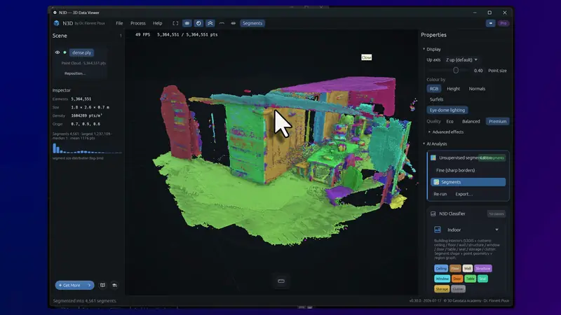 Segmentation non supervisée dans NEURONES 3D : chaque composant de la scène reçoit sa couleur
