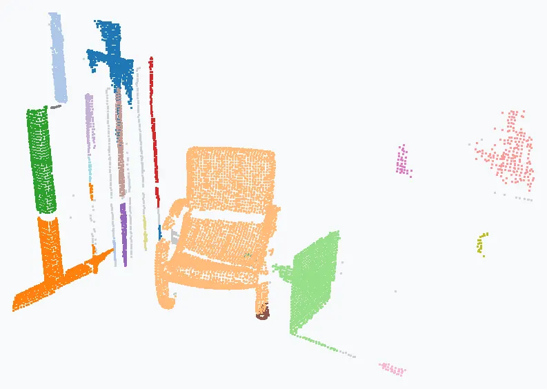 Le même nuage segmenté, chaque objet dans sa couleur