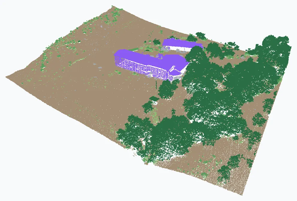 Nuage LiDAR aérien coloré par classe : sol, végétation, bâti