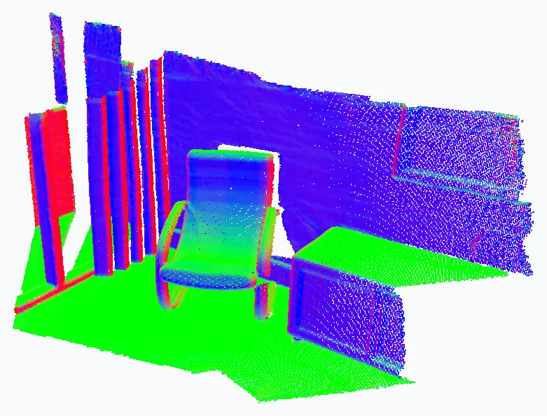 Normales estimées sur un scan d'intérieur, colorées par direction