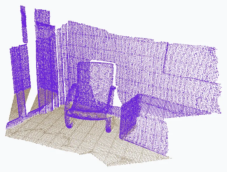 Le même scan de bureau, en deux couleurs : les points du sol détectés par RANSAC sont en beige, tout le reste (murs, chaise, meuble) est en violet