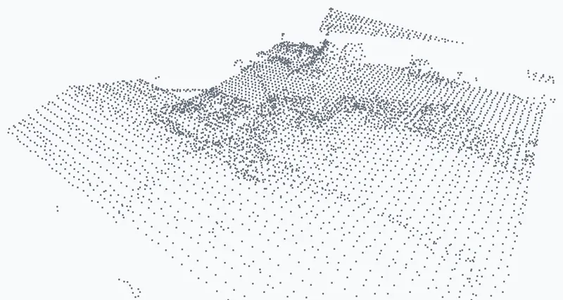 Le même terrain après voxelisation : les points forment une trame régulière, un point tous les cinquante centimètres